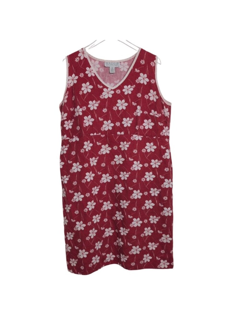 Vintage 90s Linen Floral Dress Womens Plus Size 1X Red Grandma V Neck Sleeveless
